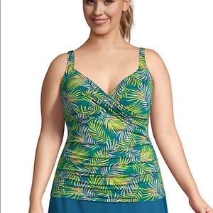 New Land’s End Plus size V neck wrap underwire tankini Baltic teal palm 14